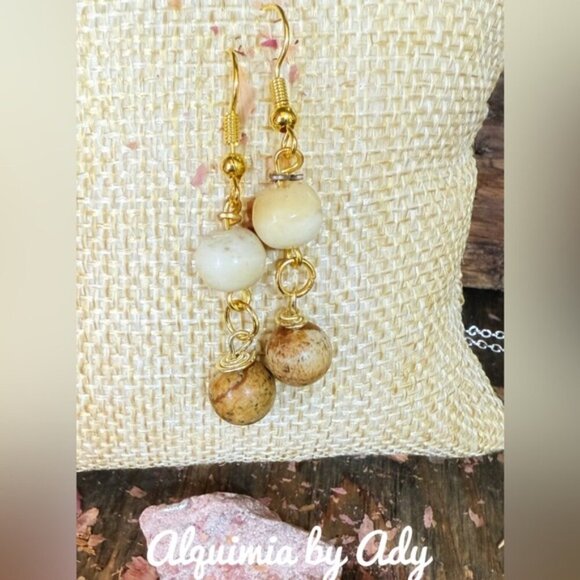 Vintage style picture jasper gold statement earrings - Picture 1 of 1